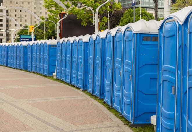 Seasonal porta potty units set up at a Lemon Grove, California venue